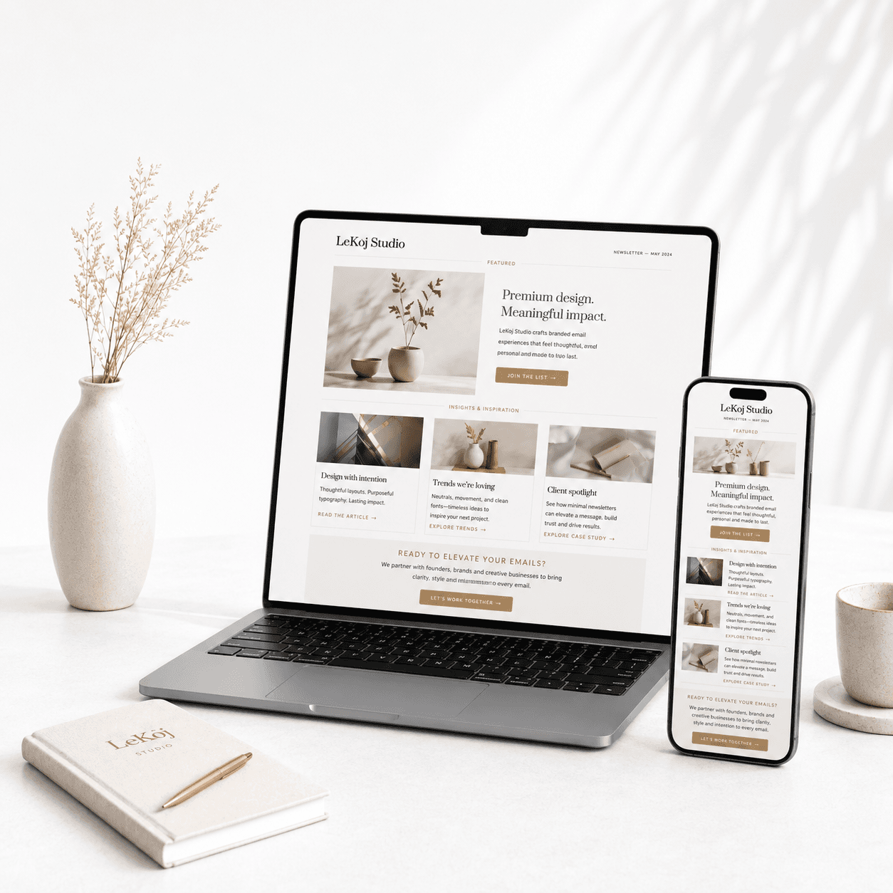 Responsive email newsletter design displayed on laptop and mobile devices