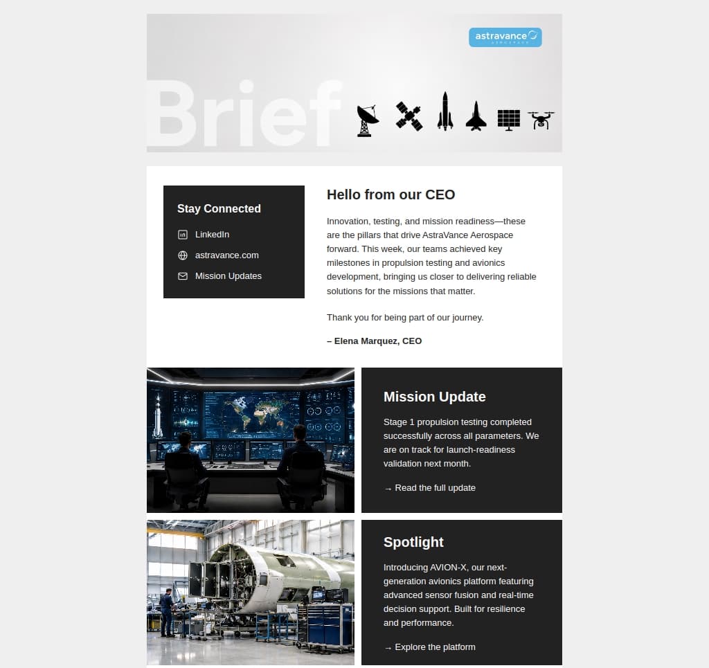 desktop mockup versions of the Astravance Aerospace Brief email newsletter concept.