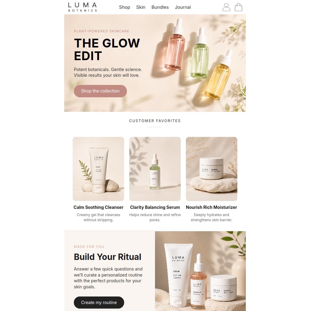 Skincare ecommerce email newsletter concept featuring botanical beauty products, customer-favorite product cards, personalized routine content, and product collection calls to action.