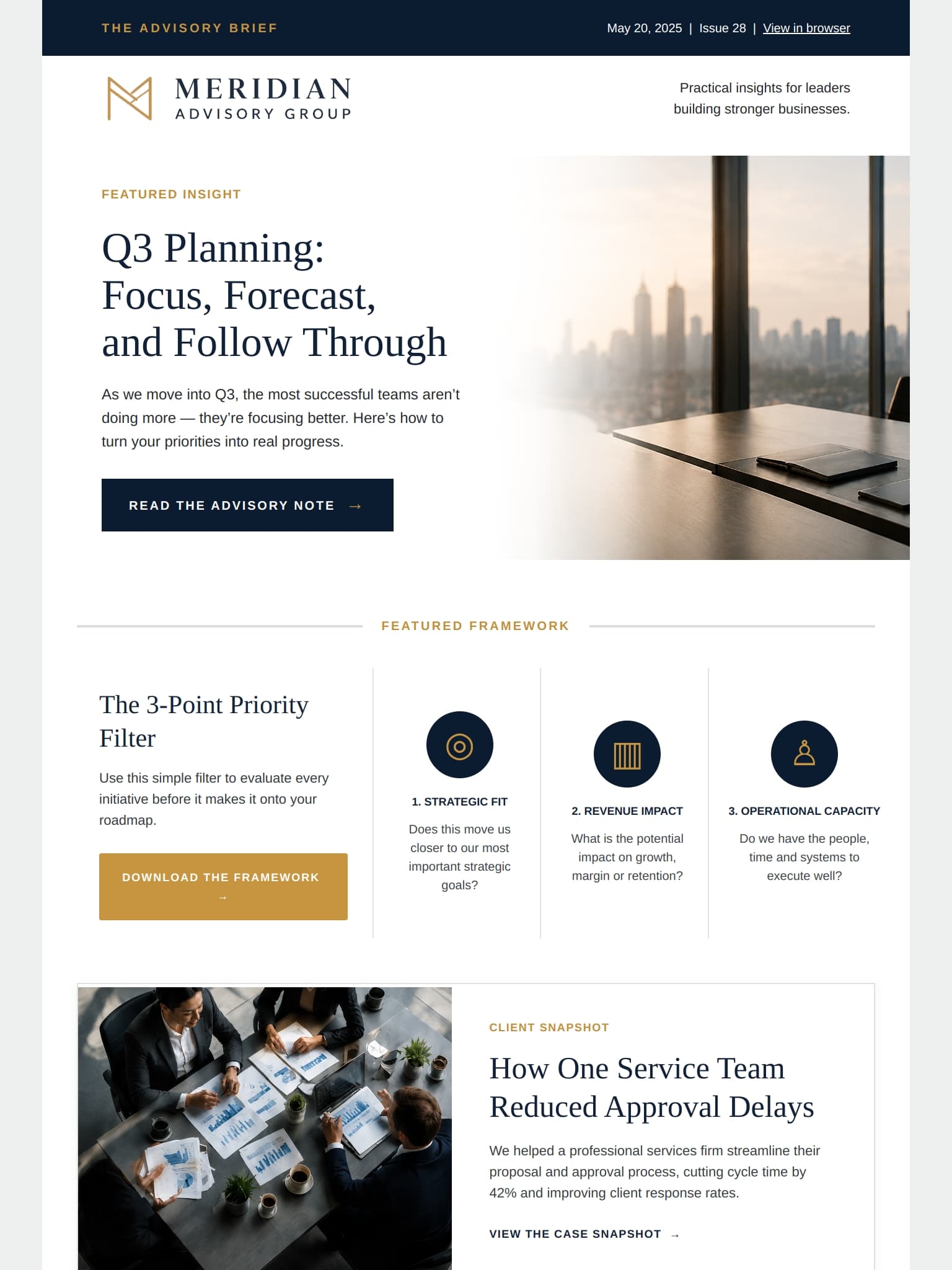thumbnail mockup versions of the meridian advisory email newsletter concept.