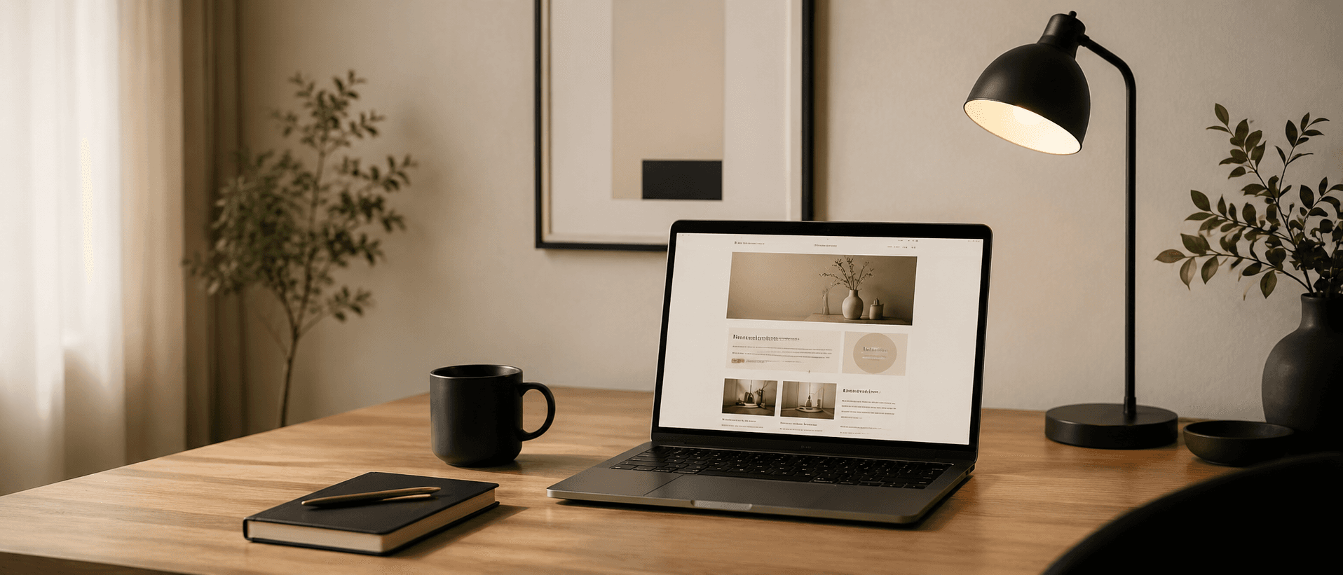 Laptop on a wooden desk displaying a newsletter layout beside a LeKoj mug, notebook, pen, and desk lamp in a warm minimalist workspace.