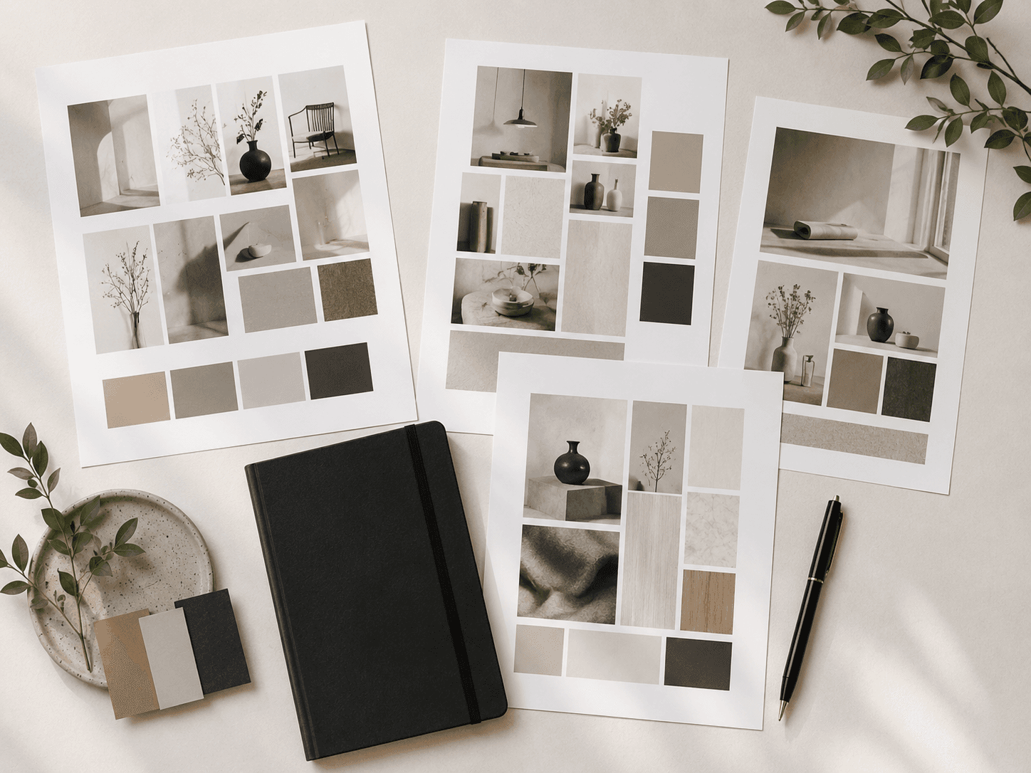 Flat lay of newsletter design mood boards, a LeKoj notebook, pen, color swatches, and green foliage on a neutral desk surface.