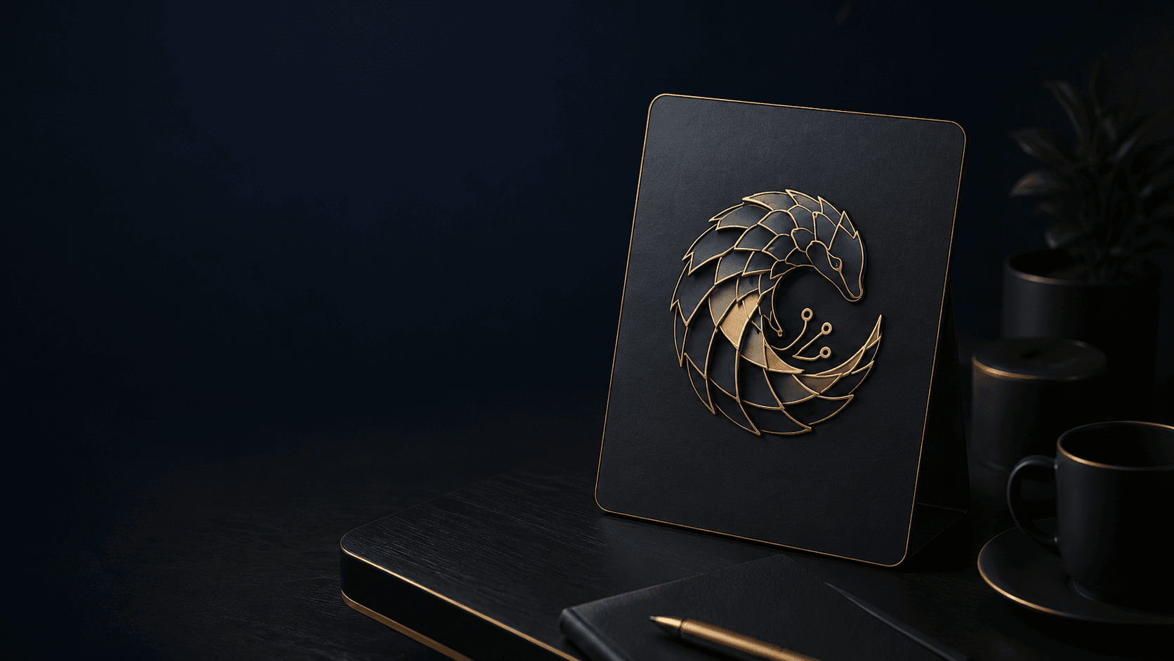 LeKoj Studio brand plaque on a dark desk with notebook, pen, and coffee cup in warm lighting.