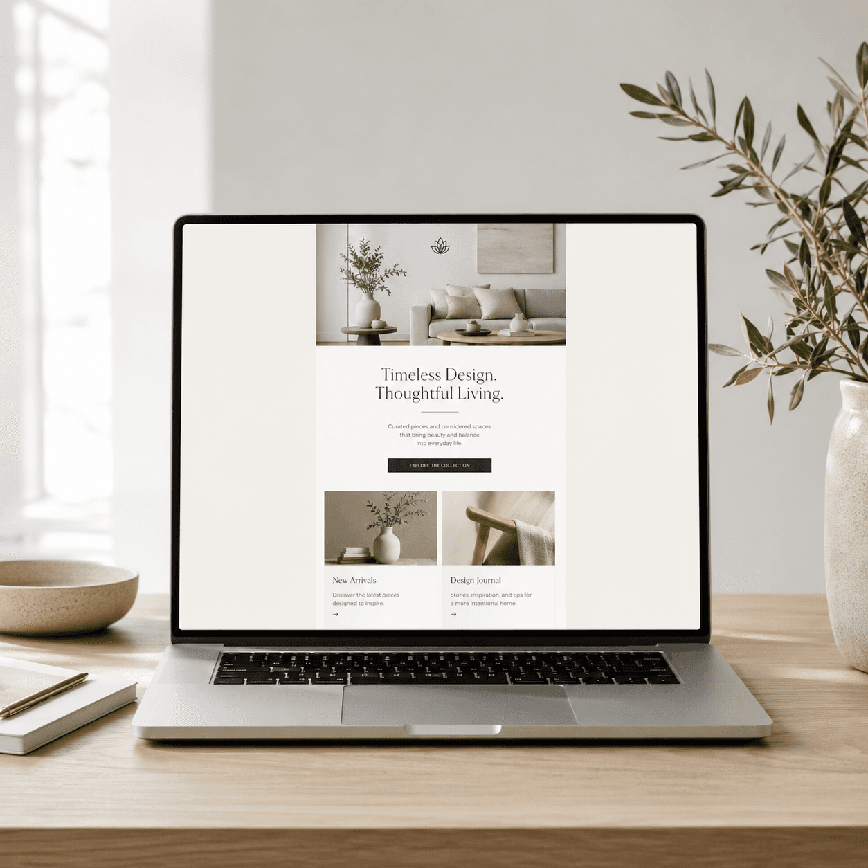 Laptop on a wooden desk displaying a website design beside a notebook, pen, and olive branch in a warm minimalist workspace.