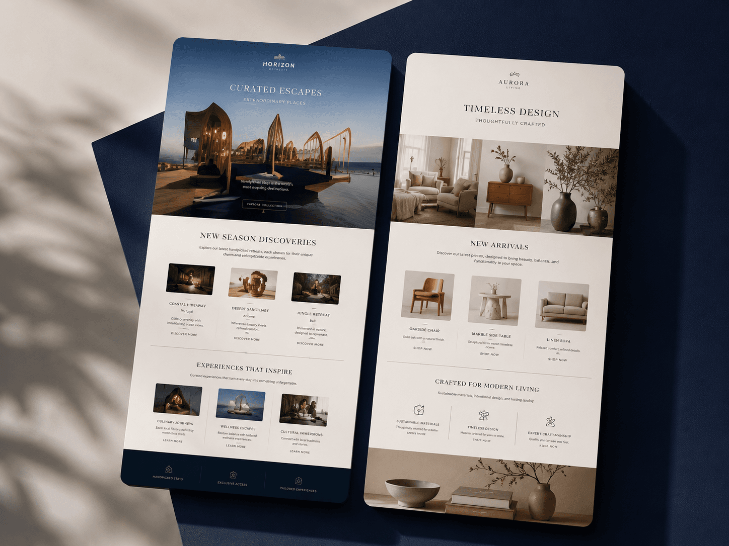 Mobile newsletter design samples on two smartphone mockups showing hospitality and home decor email layouts.
