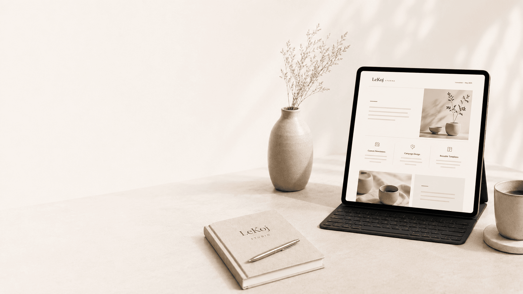 Tablet displaying a responsive email newsletter layout beside a coffee mug, pen, and plant in a minimalist workspace for LeKoj Studio email design services.