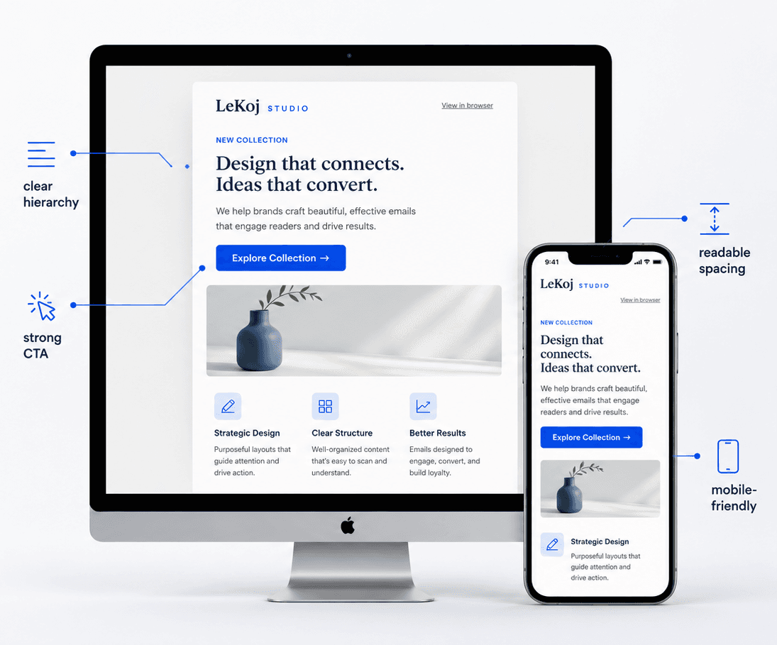 LeKoj Studio email design guide mockup showing desktop and mobile email layouts with annotated hierarchy, CTA placement, and mobile-friendly spacing.